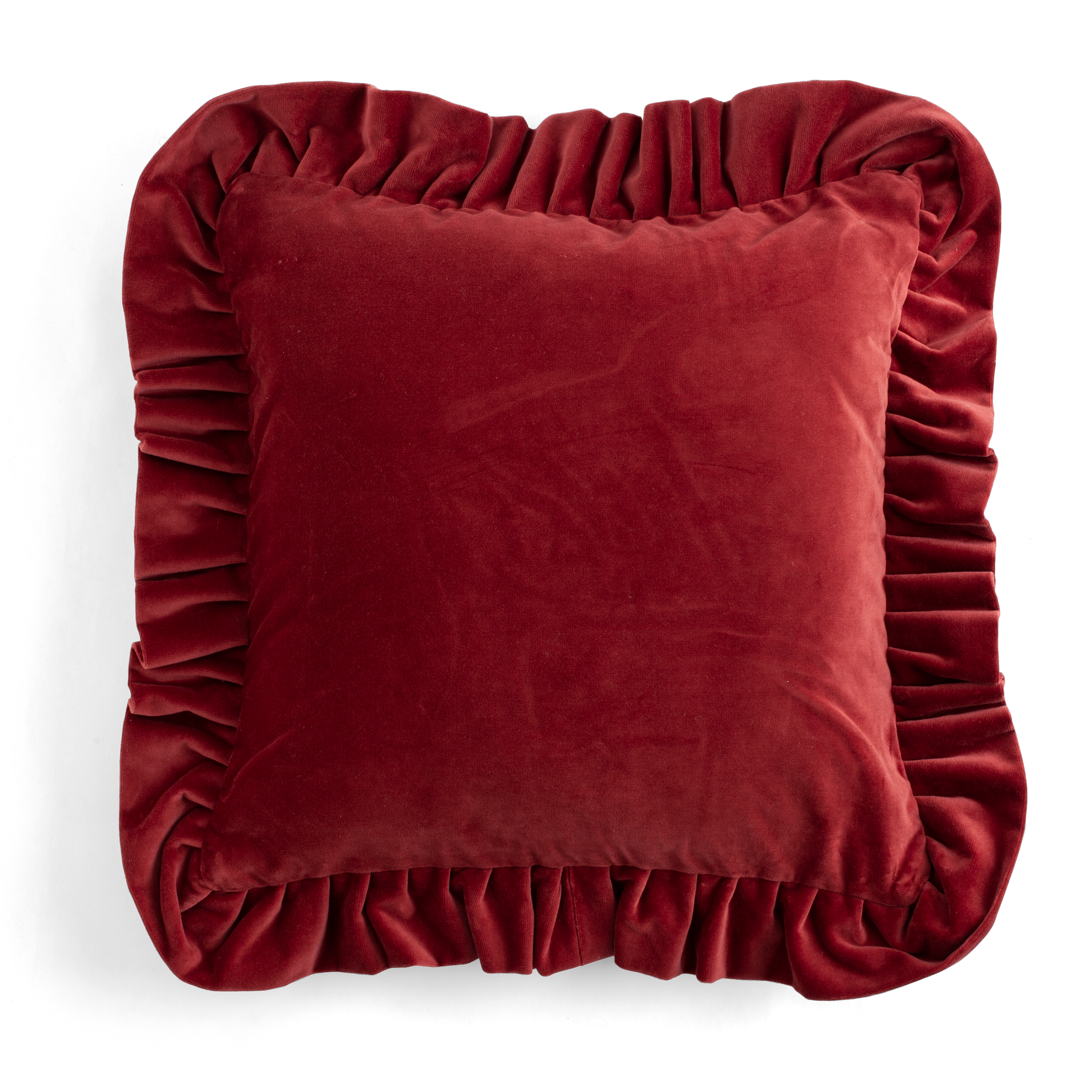 Kuddfodral i sammet med volang röd 45x45 cm