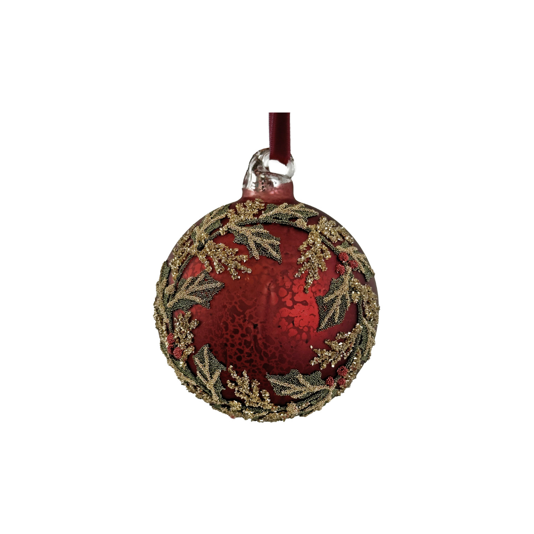 Glaskula antik mattröd pärlbeströdd 8cm