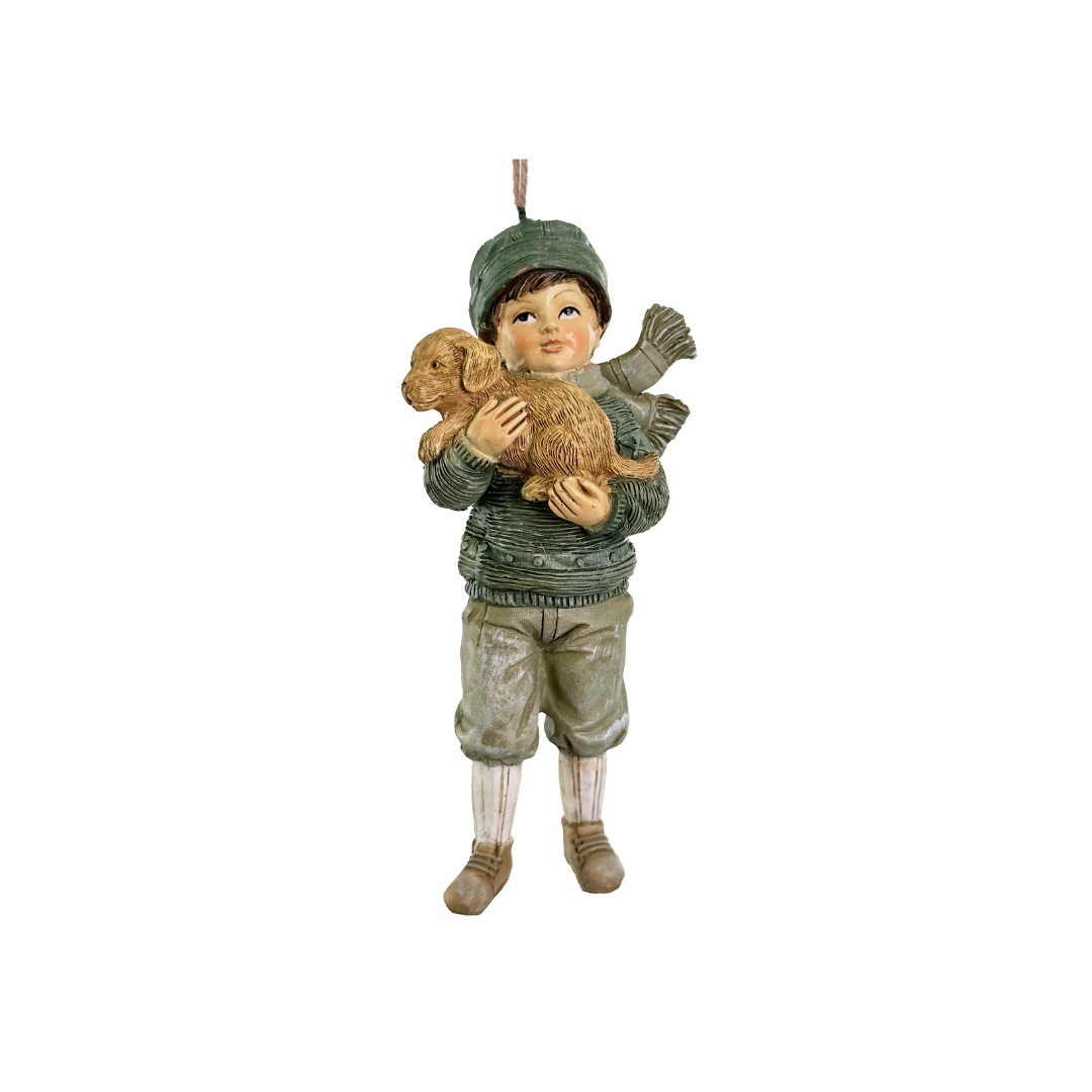 Juldekoration pojke med hund grön brun 11cm