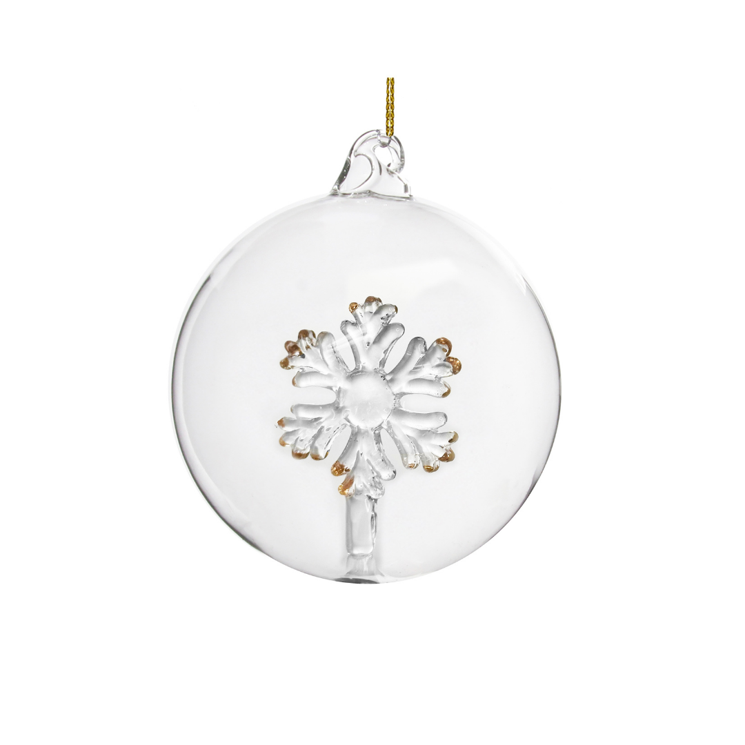 Glaskula klar med förgylld snöflinga inuti 8 cm