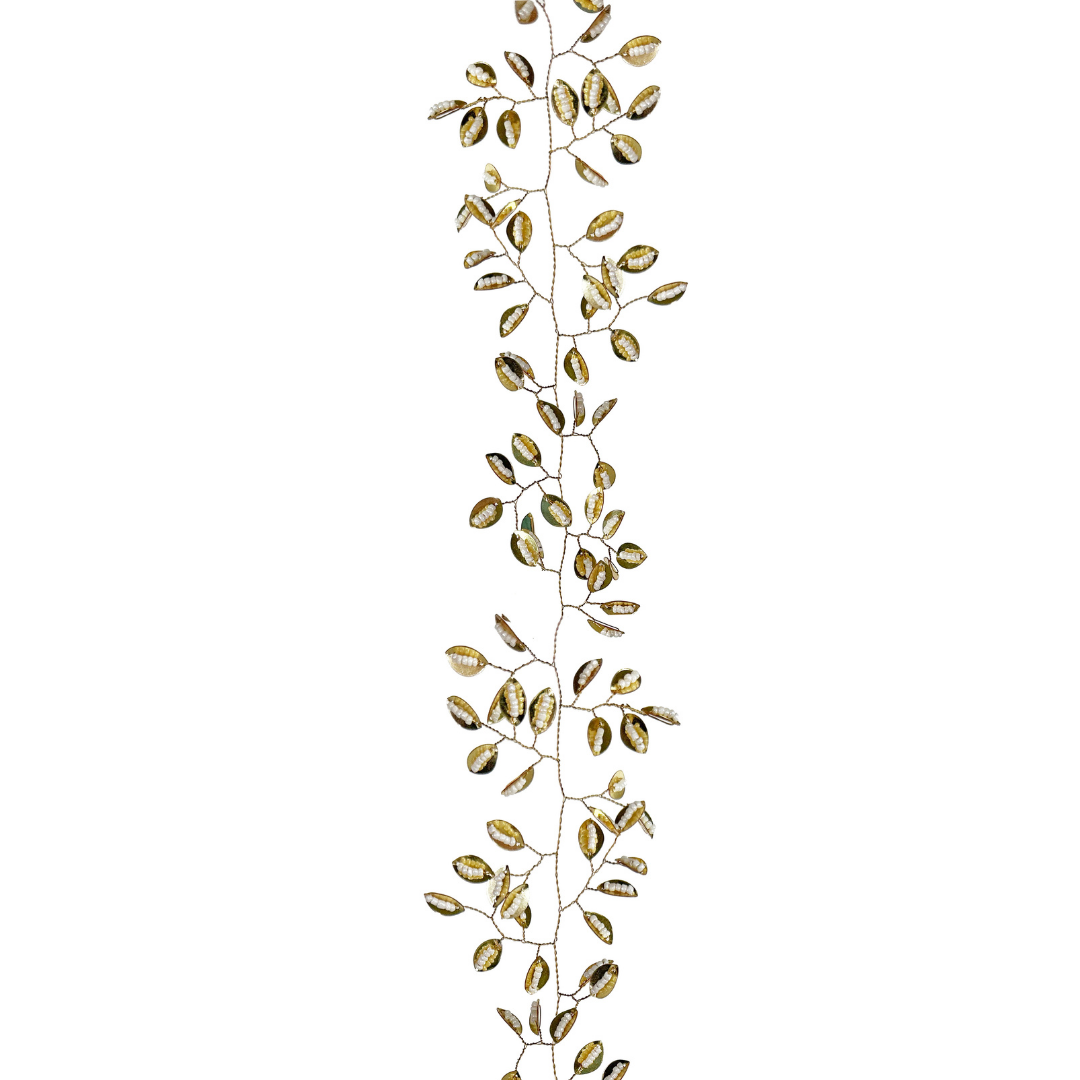 Girlang med metallblad och pärlor i guld och vitt 1 meter