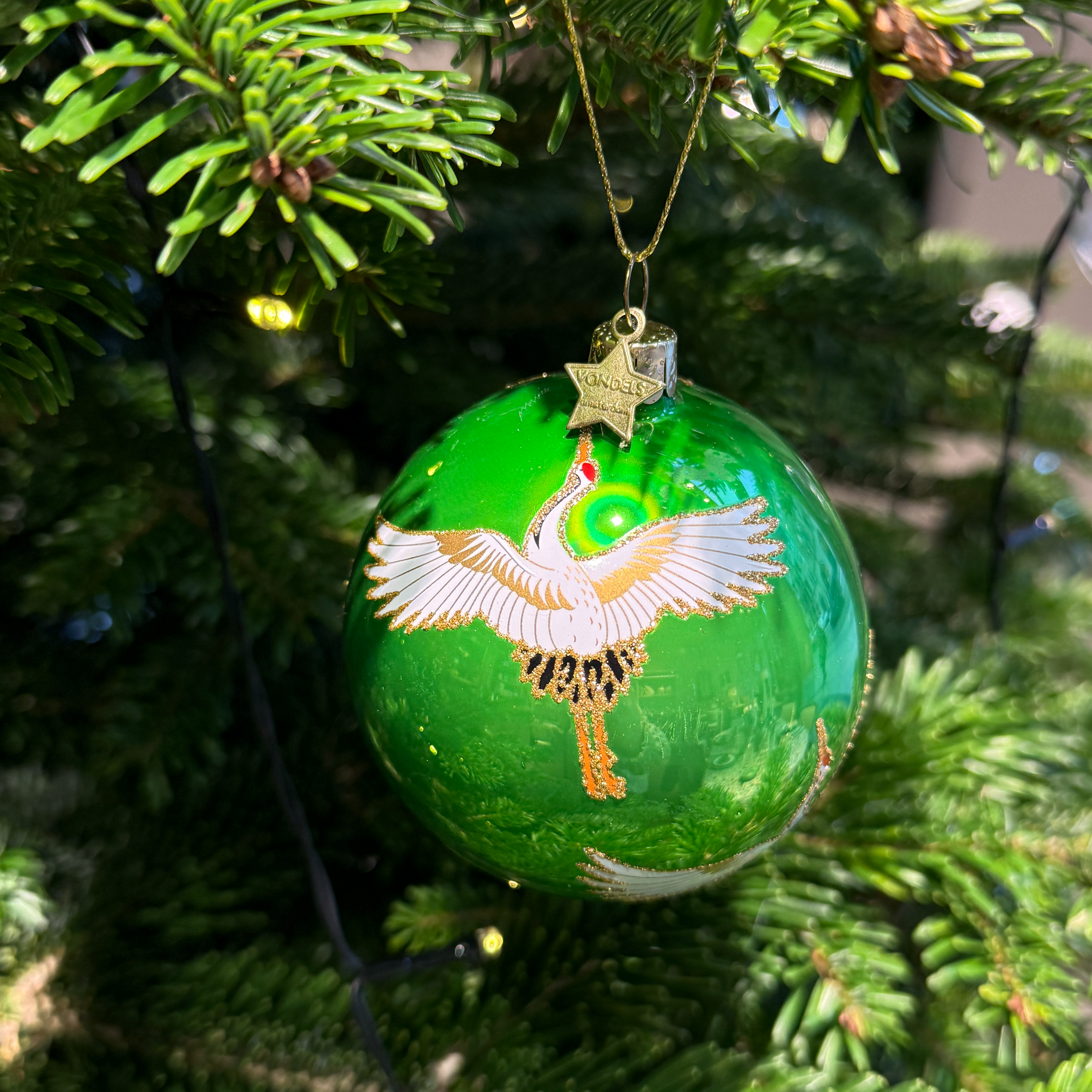 Julkula glas grön med vita tranor